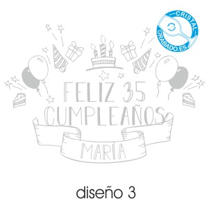 Ejemplo de grabado copas y vasos con motivo de cumpleaños. Diseño 3